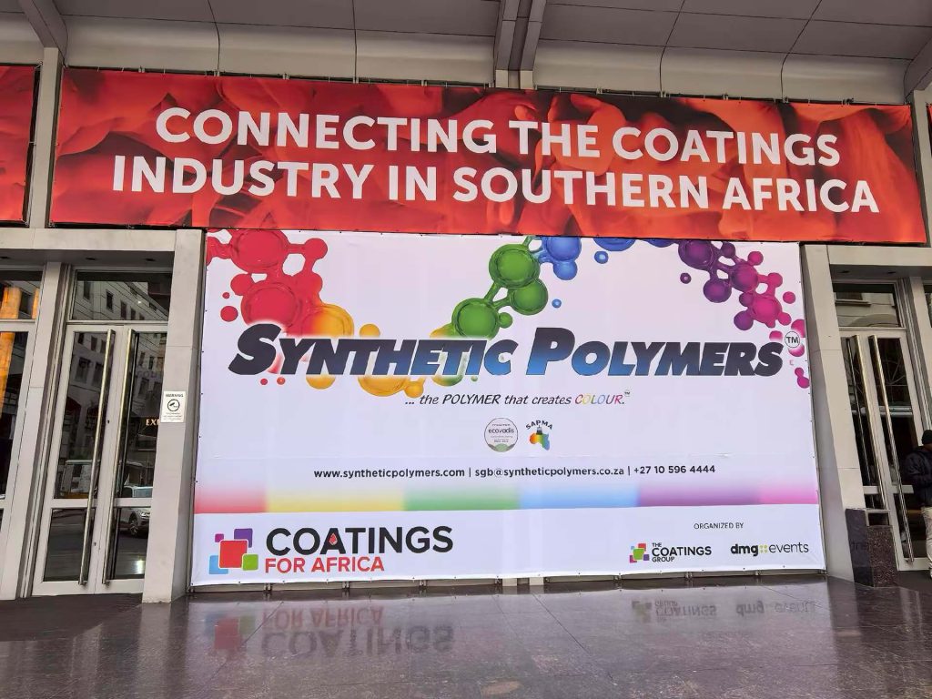 Coatings for Africa exhibition banner at Synthetic Polymers booth in Southern Africa coatings industry event
